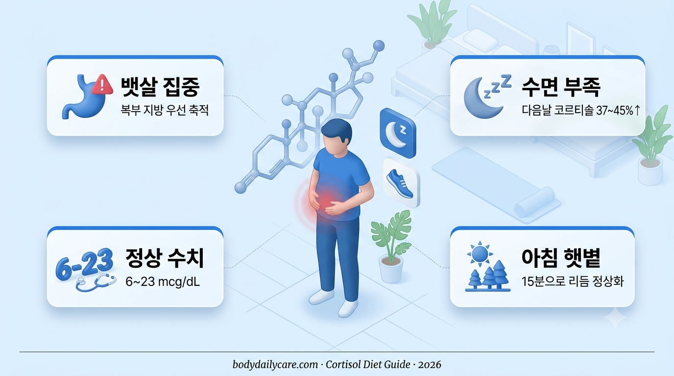 코르티솔 다이어트 인포그래픽 - 스트레스 호르몬이 뱃살·근손실·인슐린 저항성 유발하는 원리와 수면·명상·햇볕으로 코르티솔 낮추는 7가지 방법
