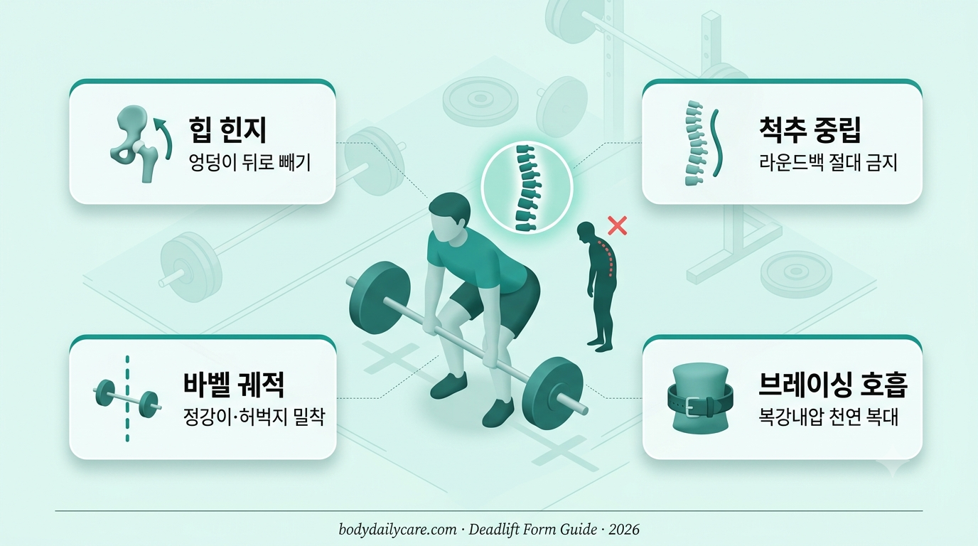 데드리프트 자세 허리 안 다치는 5가지 인포그래픽 - 셋업, 힙 힌지, 척추 중립, 바벨 궤적, 브레이싱 호흡까지 초보자부터 고급자까지 안전한 폼 실전 정리