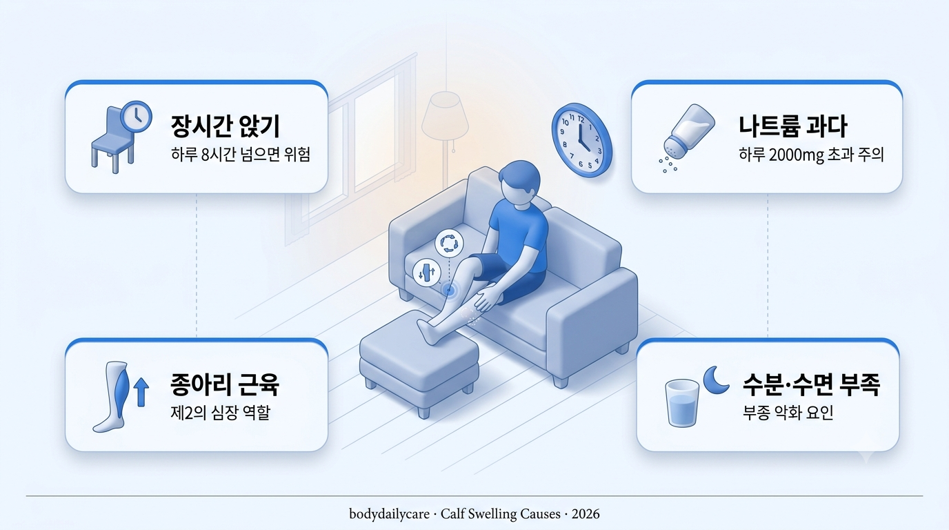 종아리 붓기 원인 - 오래 앉기·나트륨·근육 부족을 나타내는 인포그래픽 아이콘