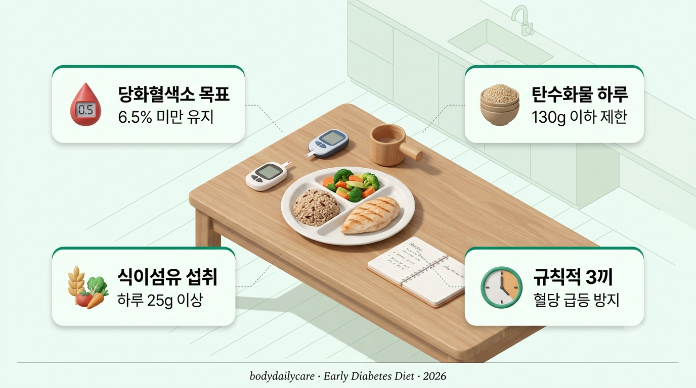당뇨 초기 식단 원칙 - 통곡물밥, 채소, 단백질이 담긴 흰 접시와 혈당 측정기