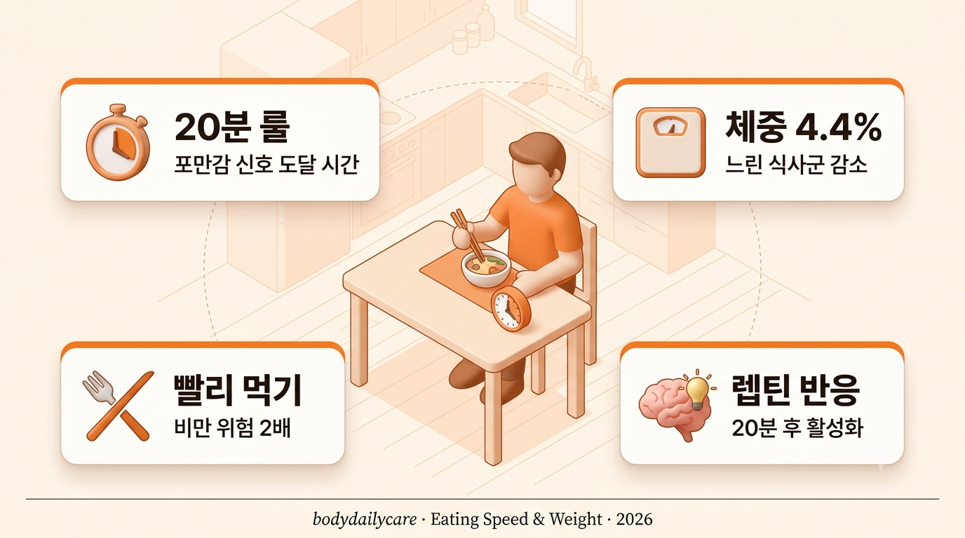 식탁 위 밥그릇과 20분 타이머 - 천천히 먹는 식사 속도 다이어트