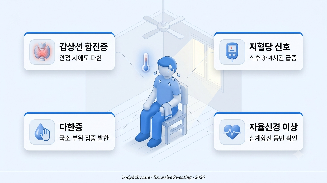땀이 많이 나는 이유 - 다한증과 갑상선·저혈당·자율신경 이상 인포그래픽