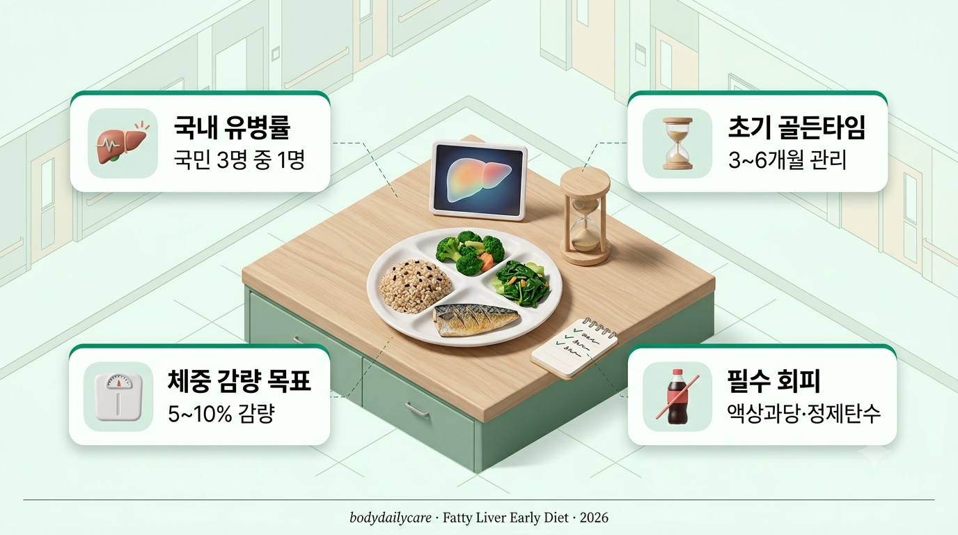 지방간 초기 식단 골든타임 - 통곡물, 채소, 등푸른생선이 담긴 접시와 간 스캔 이미지, 모래시계