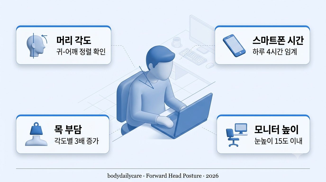 거북목 자가진단 - 옆모습 귀-어깨 정렬과 각도 인포그래픽