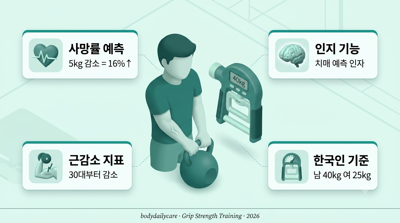 악력 운동 효과 - 사망률 16% 감소 예측, 치매 위험 72% 증가, 한국 성인 남 40kg 여 25kg 정상 기준