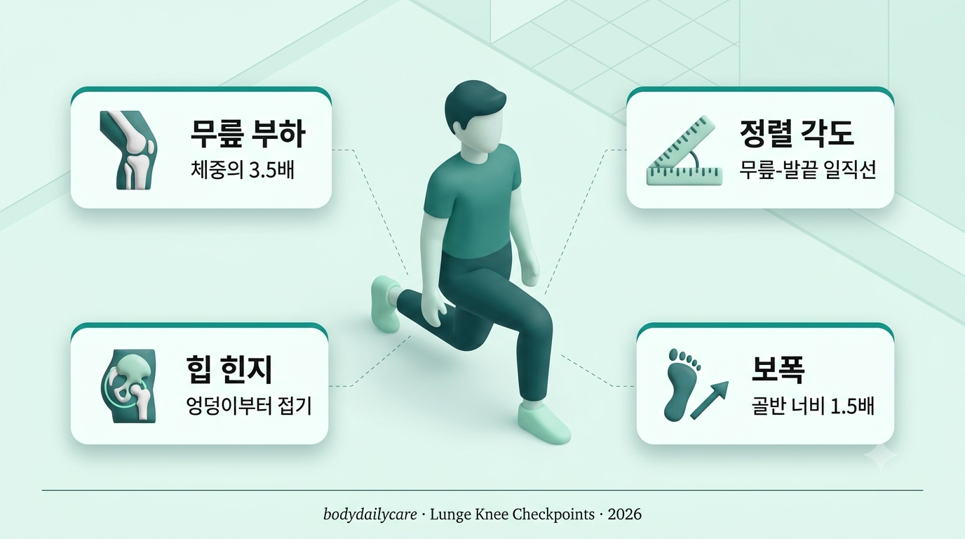런지 운동 무릎 정렬 5가지 체크포인트 - 앞무릎 90도, 발끝 정렬, 뒤꿈치 지지, 골반 수평, 리버스 런지