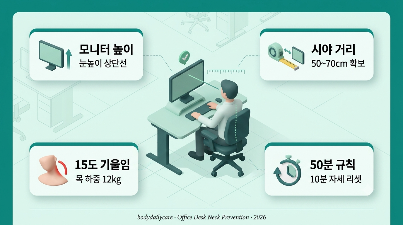 거북목 예방 사무직 데스크 세팅 - 모니터 눈높이, 팔 길이 거리 50~75cm, 목 15도 기울임 시 12kg 하중 Hansraj 연구