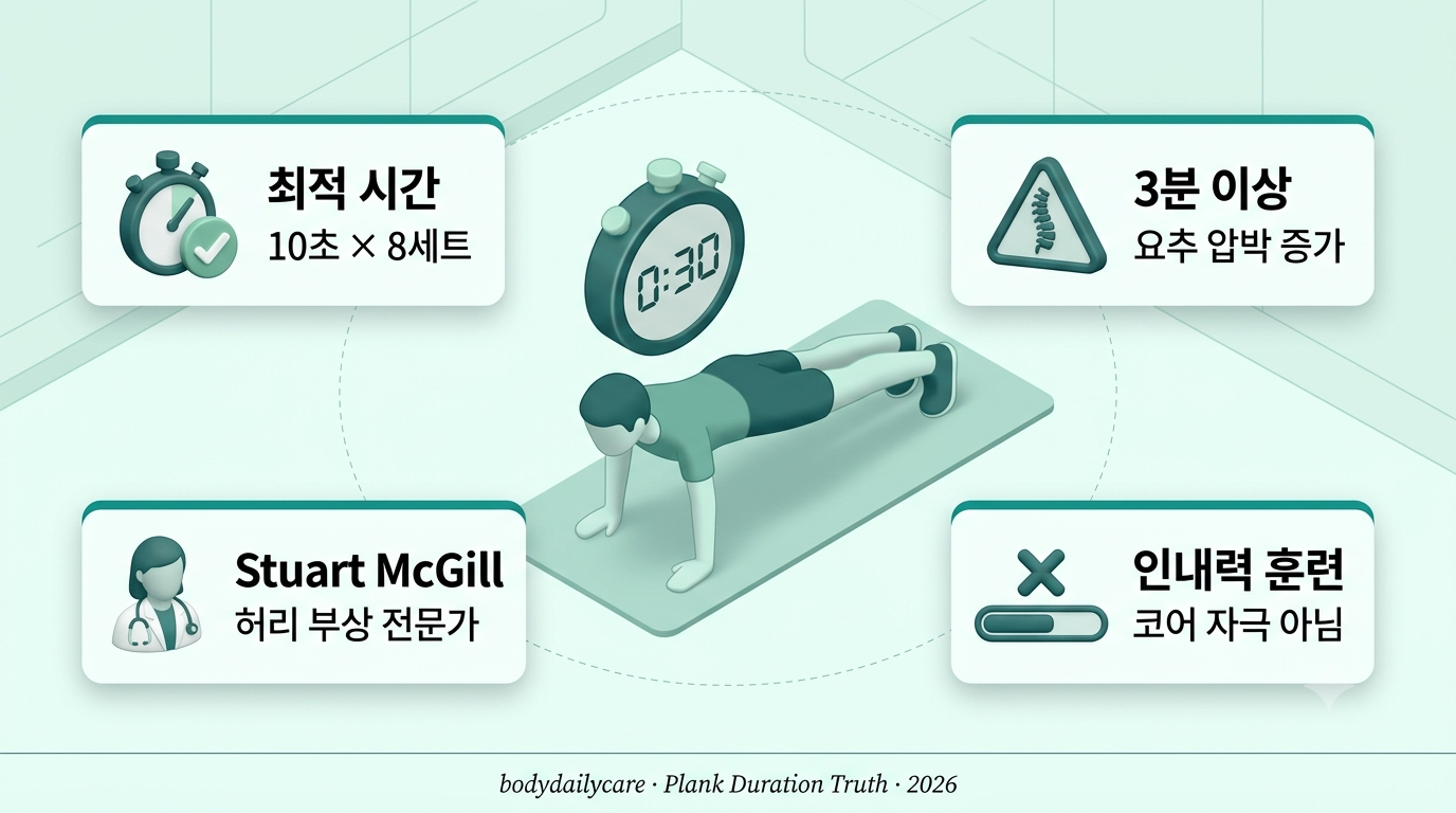 플랭크 시간 진실 - Stuart McGill 10초 × 8세트 최적, 60초 이상 무의미, 요추 부담 증가