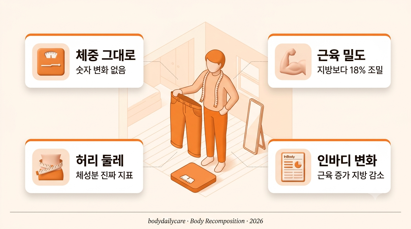 체중계 옆에서 헐렁해진 청바지를 든 사람과 인바디 그래프 - 체중 그대로 옷 헐렁 다이어트