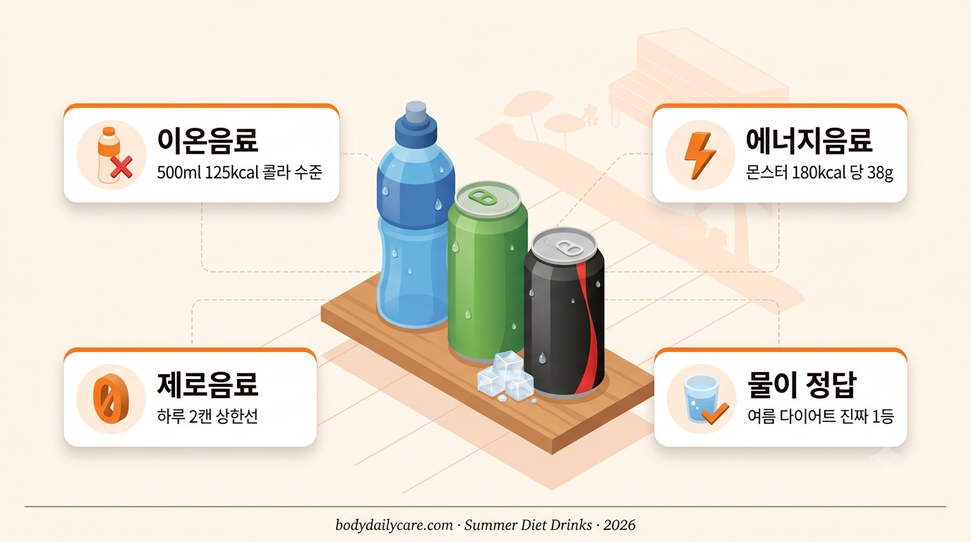 여름 다이어트 음료 순위 비교 인포그래픽 - 이온음료, 에너지음료, 제로음료