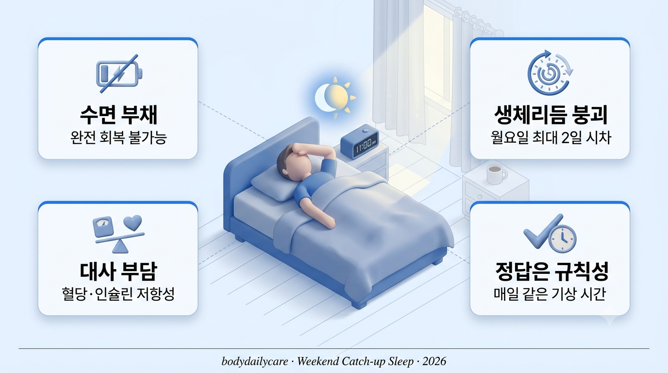 주말 늦잠 - 침대와 시계, 수면 부채 개념 인포그래픽
