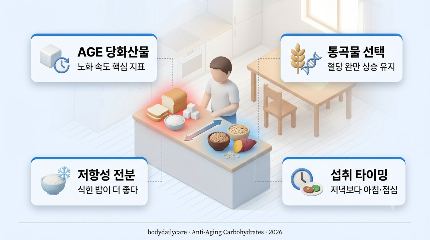 항노화 탄수화물 - 정제 탄수화물 vs 통곡물 노화 속도 비교 인포그래픽