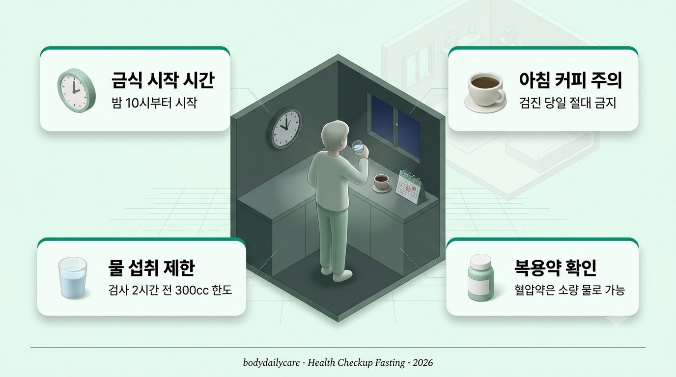 건강검진 금식 시간 안내 — 시계·커피잔·물컵·약병 3D 인포그래픽