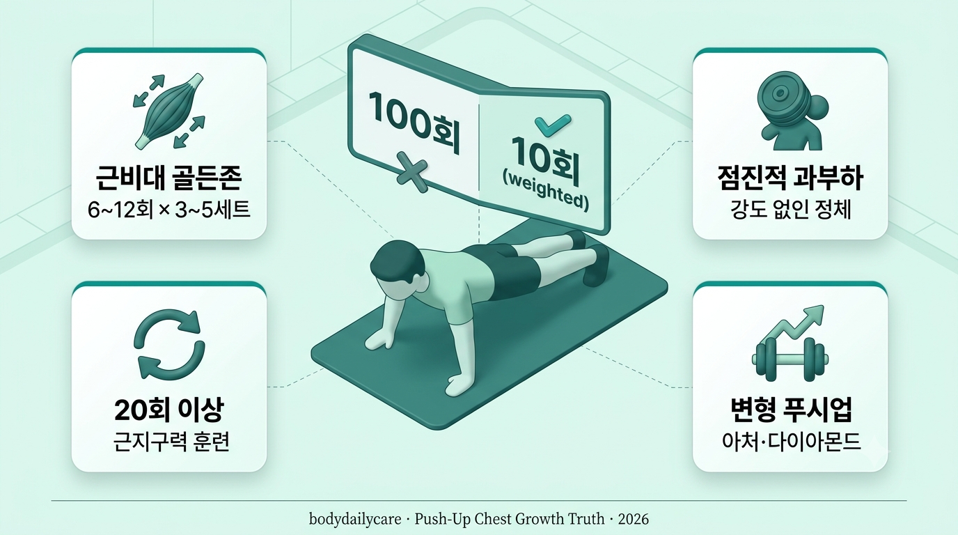 팔굽혀펴기 가슴 근육 성장 진실 - 20회 이상은 근지구력, 6~12회 강도 자극이 근비대 핵심, 아처·웨이티드 변형으로 돌파