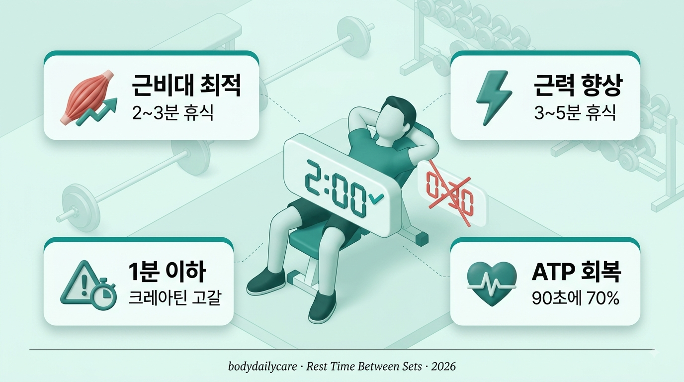 세트 휴식시간 근비대 기준 - 근비대 2~3분, 근력 3~5분, 고립 운동 1~2분, Schoenfeld 2016 3분 그룹 근비대 유의하게 우수