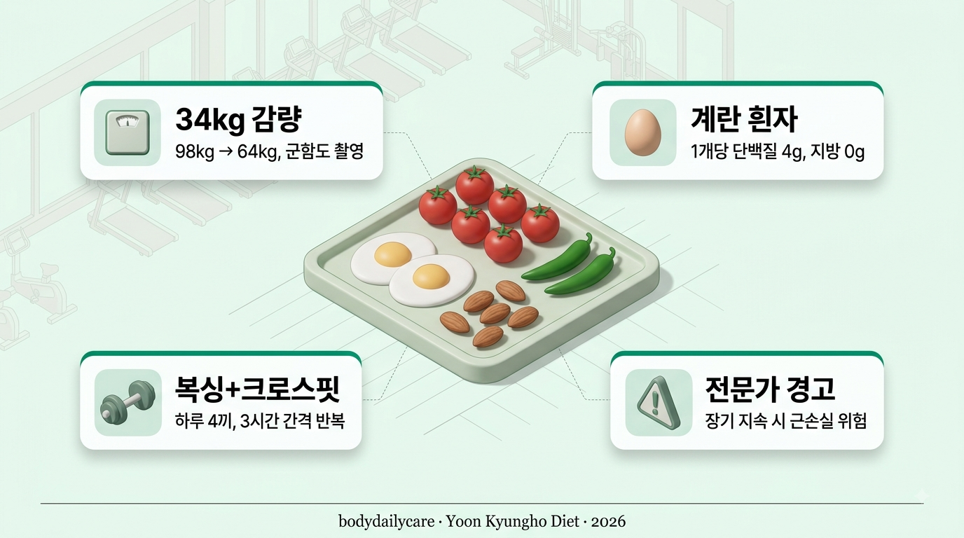 윤경호 식단 전문가 분석 인포그래픽 — 계란 흰자·방울토마토·아몬드·고추 3D 아이소메트릭